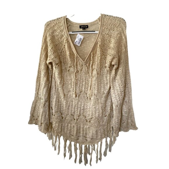 A Peach Sweater Women Large Beige Fringed Pullover Crochet Bohemian Bell Sleeves - Picture 10 of 13